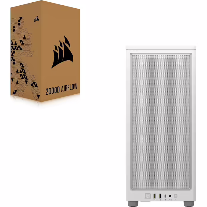 Корпус для ПК Corsair 2000D Airflow Mini ITX, білий, три слоти для GPU, сітчаста сталь, оптимізований для охолодження, сучасні порти на фронті