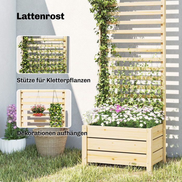 Підвищений грядок з шпалером, дерев'яний квітник з опорою, дренажним отвором, тканиною, 60 x 39 x 200 см, натуральне дерево