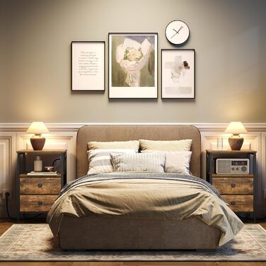 Нічний столик з підзарядкою, тумбочка з 2 шухлядами, приліжний столик з USB-портами та полицями, для вітальні, спальні, вінтажний коричневий та чорний XET02CBRY (2)