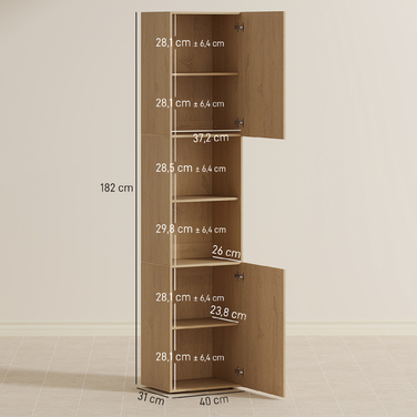 Висока шафа для ванної кімнати, 6 ящиків, 2 шафки, 2 відкриті полиці, відкриті відсіки, дерево, колір дуба