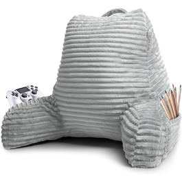 Крісло-лежак Clara Clark для дорослих - спинка для сидіння в ліжку, стандартна плюшева подушка для ліжка, подушка з подрібненим пінополіуретаном з підлокітниками та кишенями, сріблясто-сірий колір Крісло-лежак Clara Clark для дорослих - спинка для сидіння в ліжку, стандартна плюшева подушка для ліжка, подушка з подрібненим пінополіуретаном з підлокітниками та кишенями, сріблясто-сірий колір