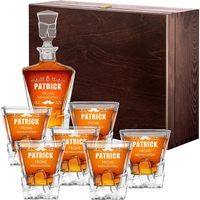 Мавертон Карафа для віскі 950 мл + Набір з 6 склянок для віскі з гравіюванням - Декантер для віскі - Подарунок на Різдво - Люкс дизайн - Кришталеве скло - для чоловіків на день народження (борода)