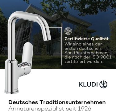 Змішувач для умивальника KLUDI-X1 з витяжним корком, поворотний на 360°, висота виливу 205 мм, водозберігаючий, розмір L, з підключувальними шлангами (без зливної арматури, хром)