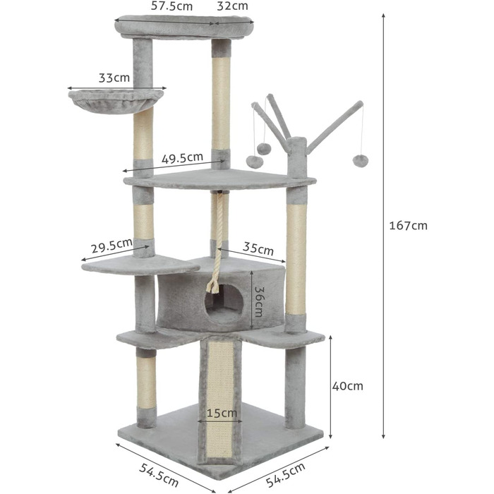 Котяче дерево з морської фіалки велике, міцне котяче дерево котяче дерево, колони, загорнуті натуральним сизалем, котяче дерево XXL з розширеною і потовщеною нижньою пластиною Багаторівнева платформа, 167 см (світло-сірий)