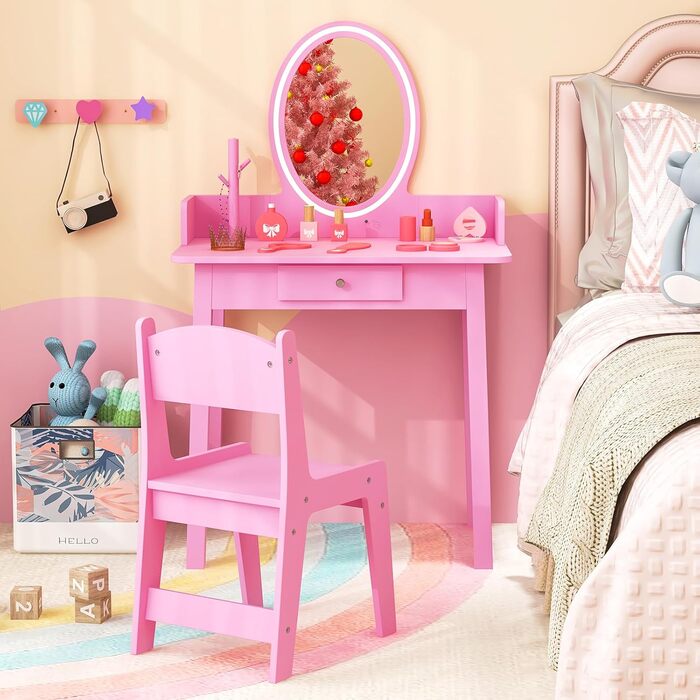 Дитячий туалетний столик DREAMADE з LED-дзеркалом та ніжками з бука, принцесовий туалетний столик з шухлядою та стійкою для прикрас, дитячий туалетний столик з пуфом для дівчаток (Рожевий)