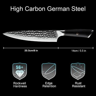 Ніж кухарський 8 дюймів (20 см), професійний дамастковий ніж, ніж для кухні, ніж шеф-кухаря, ніж для м'яса з нержавіючої сталі, гостре лезо, ергономічна ручка, для дому та ресторану