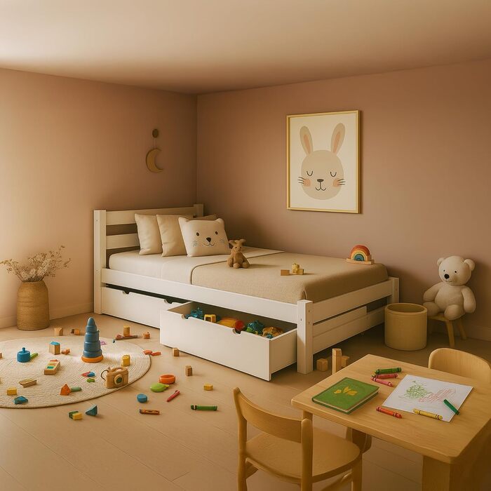 Ліжко дитяче Вробель Kinderbett 90x200 см з 2 шухлядами та ламелями - односпальне ліжко з масиву сосни - ліжко Монтессорі для дітей та підлітків, біле - без матрацу 90 x 200 см