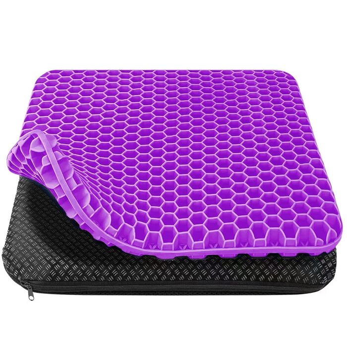 Ортопедична гелева подушка для сидіння на офісний стілець, автокрісло та візок — м'яка з протиковзким чохлом, фіолетова (43x39x4 см)