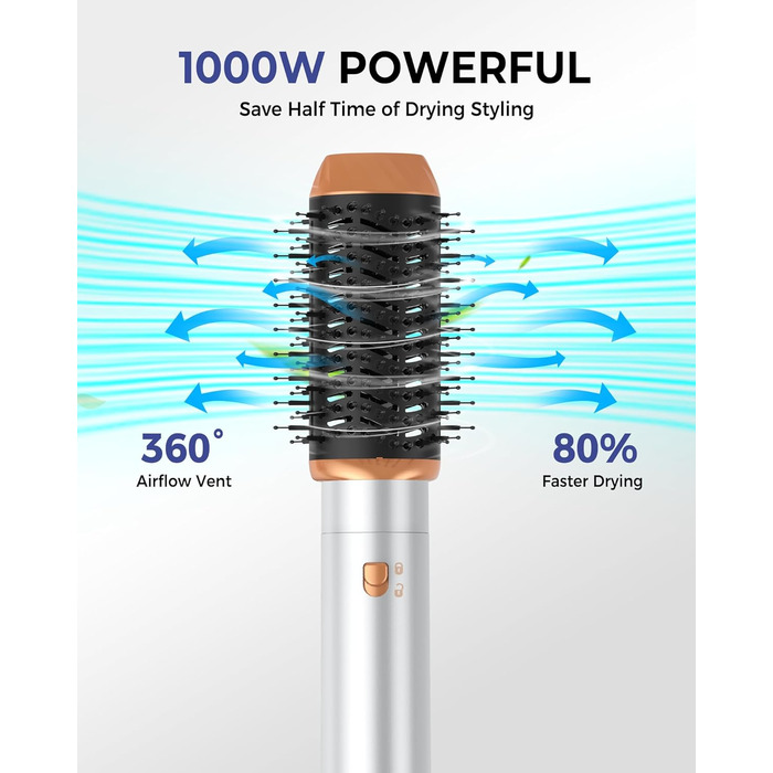 Набір повітряних стайлерів 6 в 1, стайлер для волосся з феном 1000 Вт, щітка з теплим повітрям, кругла щітка, щітка для фена, автоматична плойка волосся, щітка для випрямлення, стайлер для всіх типів волосся, сушка, випрямлення, завивка (бежевий)