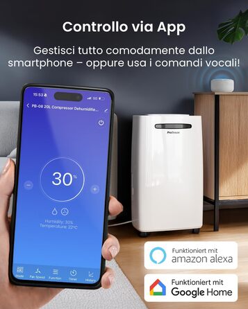 Про Breeze - вологопоглинач повітря 25 л/добу, для приміщень до 30 м², 4 режими роботи, цифровий дисплей, шланг для зливу, функція сушіння білизни, таймер, захист від вологи та плісняви, керування через додаток