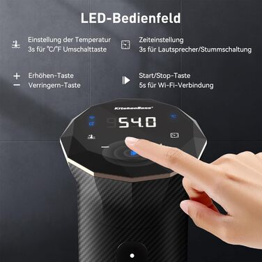 Су-від кухонний прилад KitchenBoss з Wi-Fi: стабільний, прецизійний, тихий, з LED-дисплеєм, IPX7, 1100W, 40°C-90°C