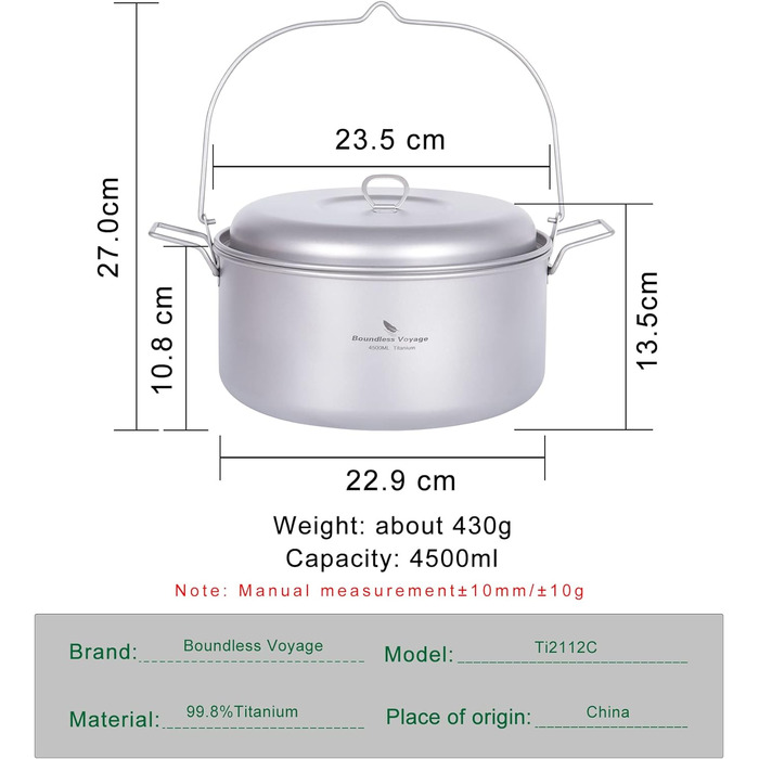 Безмежний вояж Титанова каструля для приготування супу на пару з кришкою Посуд для кемпінгу на відкритому повітрі Легка підвісна каструля для овочів, морепродуктів, супів, рагу та пасти (каструля Ti2112c 4.5 л)