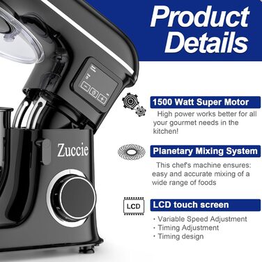 Кухонна машина 1500W 8L з 6 швидкостями, функцією ферментації та LCD-дисплеєм. В комплекті міксер, гак для тіста та вінчик. Чорний колір.