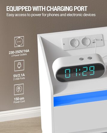 Набір з 2 приліжкових тумб з LED-підсвіткою, зарядною станцією, USB та розетками, з 2 шухлядами, білий, для спальні та вітальні, модель NS30103X