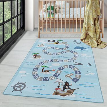 Дитячий килимок Carpettex Pirate Design - Дитячий килим з коротким ворсом для дівчаток і хлопчиків Нековзний м'який ворс - ігровий килимок, який можна прати Дитячий килимок Ігровий килимок Дитяча кімната (100 х 150 см, синій)