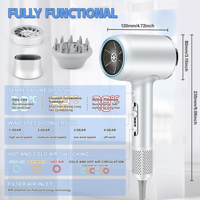 Іонний фен для волосся, фен з іоном 2400 Вт з безщітковим двигуном 110 000 об/хв і дисплеєм температури, фен для швидкого висихання з 3 насадками-дифузорами для фена для дому, салону, подорожей (білий)