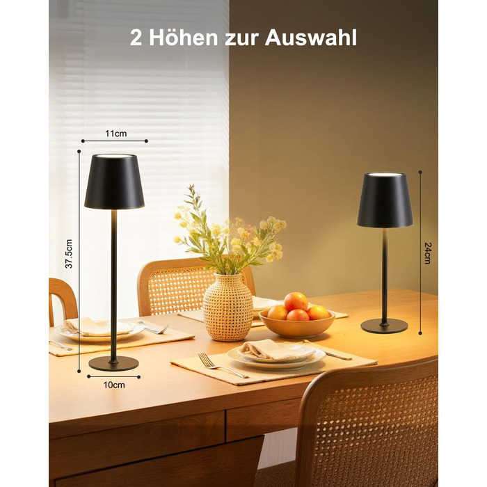 LED настільна лампа Bonsery (2 шт.) з акумулятором 5200mAh, регульована яскравість, 3 кольори світла, металева, вологостійка, 2 висоти (24/37,5 см), для дому, бару, кемпінгу, чорна