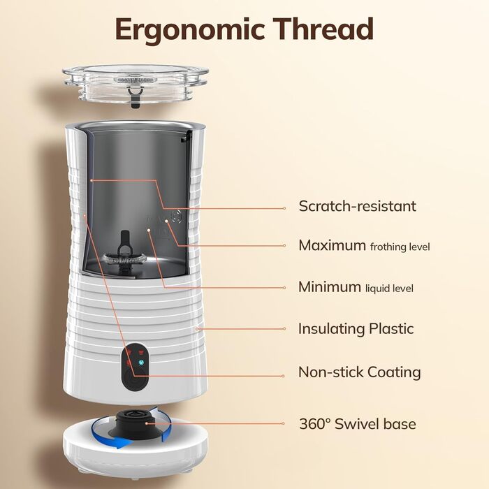 Електричний спінювач молока Morpilot 6-в-1: для лате, капучино, гарячого шоколаду, 130-500 мл, 600 Вт, антипригарне покриття, нержавіюча сталь, бежевий