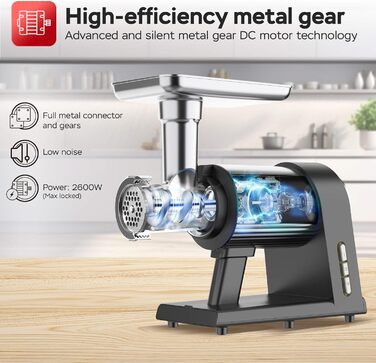 Електрична м'ясоподрібнювач TurboTronic Samurai 2600W з набором аксесуарів: для ковбас, печива, кеббе та подрібнення овочів. Корпус з нержавіючої сталі, металеве редукторне зчеплення.