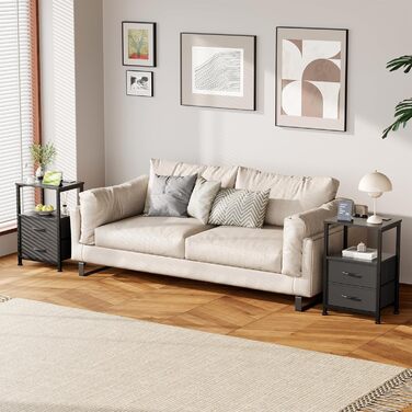 Нічний столик з LED-підсвіткою та функцією зарядки, з ящиком, 3 розетки AC та USB, для вітальні та спальні (40T x 30B x 60H cm, Чорний, 2 шт.)