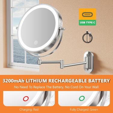Дзеркало для макіяжу Auxmir з підсвічуванням 1X/30X, перезаряджуване, з LED, для гоління та макіяжу, настінне, поворотне на 360°, з 3 кольорами світла, 3200mAh, срібне