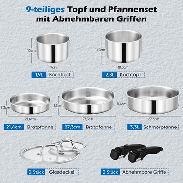 Набір каструль Joyfair, 9 предметів, з нержавіючої сталі, знімний ручка, для індукційних плит, сумісний з усіма типами плит, можна використовувати в духовці та мити в посудомийній машині