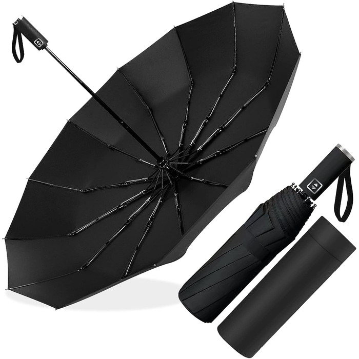 Полігоно-парасолька штормостійка, кишенькова парасолька автоматична відкривати і закривати для чоловіків і жінок, компактний, 12 кістяних парасольок великий, діаметр 105 см чорний