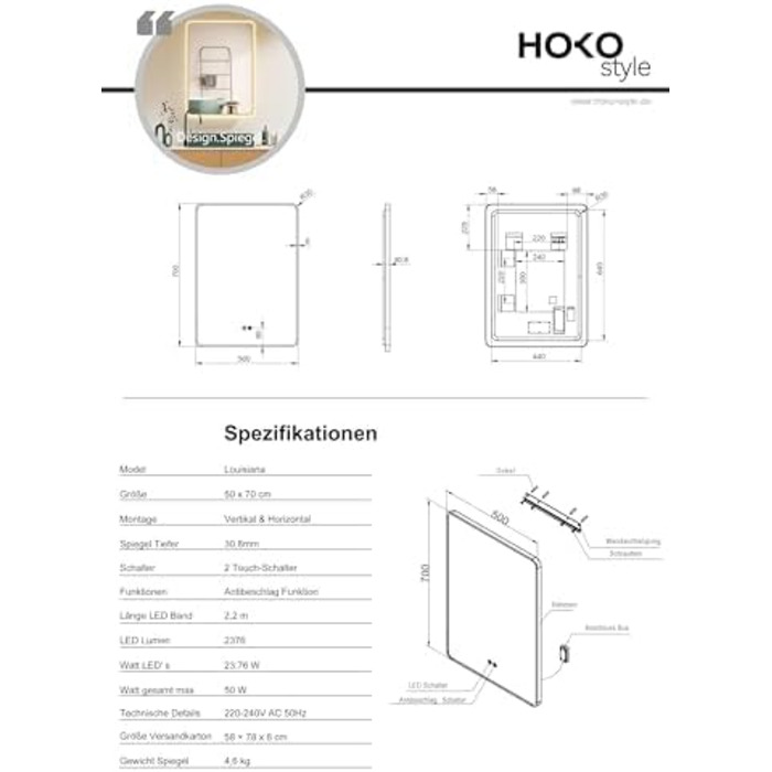 Дзеркало для ванної кімнати HOKO LED Texas 60x80 см з підсвічуванням, нагрівом проти запотівання та чорним металевим каркасом. Можливість монтажу "вверх-вниз". Сенсорне управління, зміна кольору світла 2700-6500K (тепле, холодне, нейтральне біле