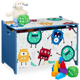 Скриня для іграшок Relaxdays, дизайн монстрів, ящик для іграшок з кришкою, HWD 39x60x36.5 см, МДФ, ящик для іграшок, синій/білий