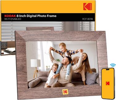 Цифровий фоторамка Kodak WiFi, 8 дюймів, IPS сенсорний екран, 32GB, автоматичне обертання, коричневе дерево