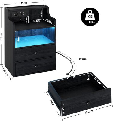 Нічний столик IRONCK з LED-підсвічуванням, розеткою та функцією зарядки, з ящиками, чорний