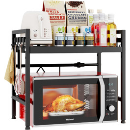 Регульована підставка для мікрохвильової печі, 2-рівнева розширювана, з вуглецевої сталі, з 8 гачками, чорна
