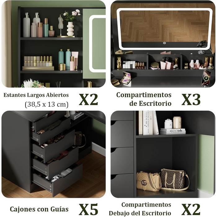 Дзеркальний столик для макіяжу Devoko з LED-підсвічуванням та пуфом, кутовий туалетний столик з розеткою, 5 ящиків, відкриті полиці, тримач для фену, для спальні (Білий) (Чорний)