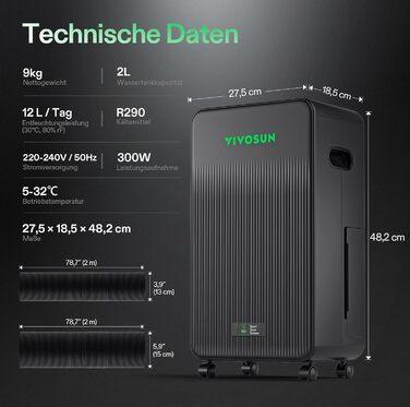 VIVOSUN AeroDrain D12 - Електричний осушувач повітря 12л/день з датчиками температури та вологості, дистанційне керування, для підвалу, ванної кімнати та гроу-тента