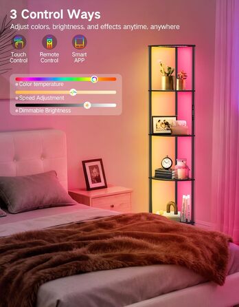 LED торшер з полицею, 3 режими світла, димування сенсором та пультом, кутова полиця з 5 рівнями, вузька книжкова шафа для вітальні, спальні, офісу (Чорний з RGB)