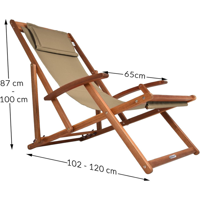 Лежак для відпочинку Casaria® з дерева, вологостійкий, складний, регульований, 160 кг, підлокітники, подушка для шиї, для саду та балкону, акація, 94x94x60 см (бежевий)