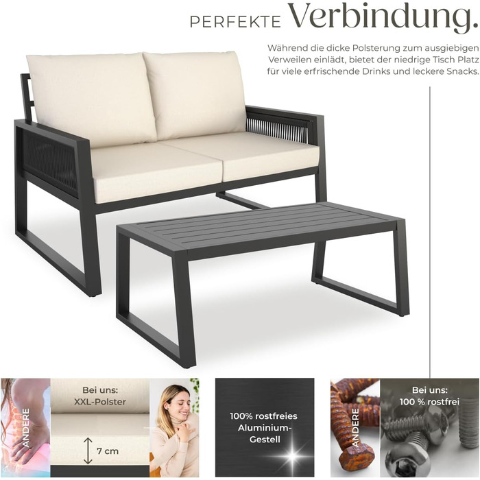 Набір садово-розсудних меблів tectake® Rope Design для саду/балкону: 2 крісла, диван, стіл з імітацією дерева, 4 посадочні місця, з подушками, вологостійкий