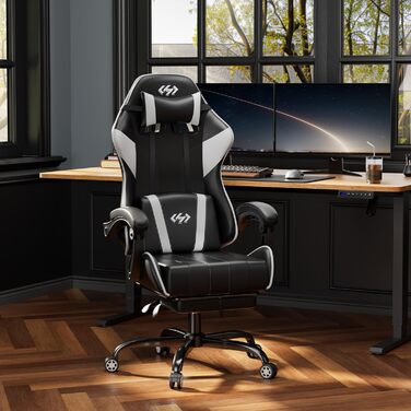 Геймінговий крісло HLONONE, ергономічний ігровий крісло з кишеньковим пружинним матрацом, гоночний крісло для геймерів з підніжкою, підтримкою попереку, регульоване офісне крісло, вантажопідйомність 150 кг, PC крісло (Чорно-білий)