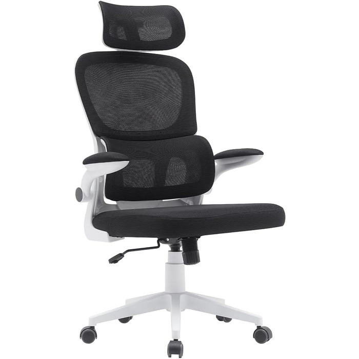 Офісний крісло BAKAJI з ергономічною тканиною, підтримкою попереку та підголівником, поворотне, регульоване по висоті, дихаюча тканина, чорний