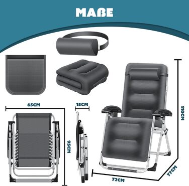 Шезлонг KESSER® для саду, широке лежаче місце, стійкий до погодних умов, витримує до 200 кг, ергономічна спинка з регулюванням, подушка, підголівник, тримач для напоїв, підлокітники та бічна кишеня, антрацит