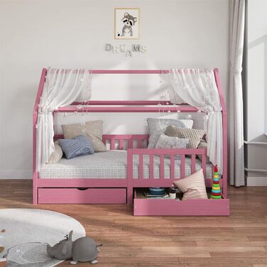Ліжко IDIMEX house NUNA з масиву сосни, ліжко Монтессорі 90 х 200 см із захистом від падіння, ігрове ліжко з висувними ящиками, сучасне дитяче ліжко з дахом в (троянда)
