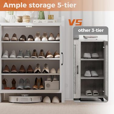 Шафа для взуття 5-ярусна в стилі ф armhouse з 2 дверцятами, вільного стояння з регульованими полицями та металевими кутовими прикрасами для передпокою та коридору, білий колір (ротанг, білий)