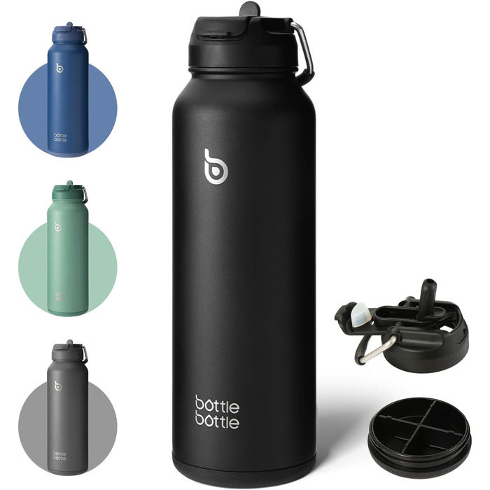 ПЛЯШКА 1.2 л Спортивна пляшка для води з нержавіючої сталі, ізольована пляшка для води з соломинкою та тримачем для таблеток (чорна)