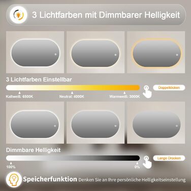 Дзеркало для ванної кімнати з LED-підсвічуванням 40x60 см, 3 кольори світла, сенсорне керування, IP67, енергозберігаюче, для ванної та вітальні