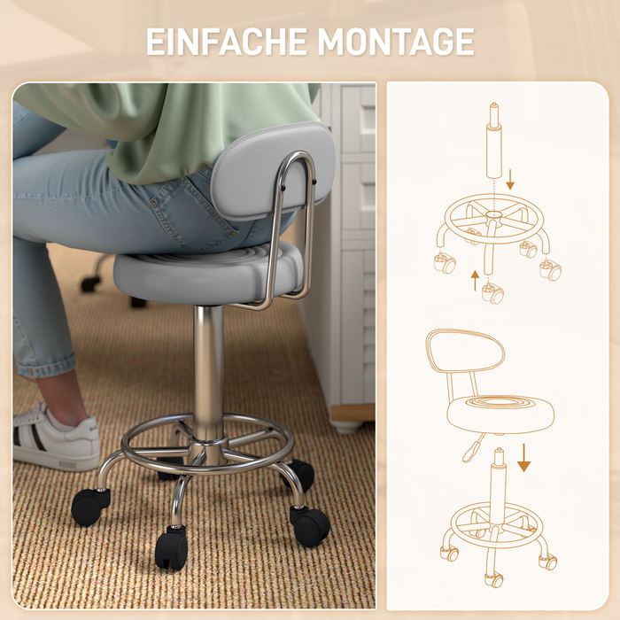 Регульований поворотний пуф з підніжкою та спинкою, обтягнутий штучною шкірою, сірого кольору. Ідеально підходить для перукарських салонів.