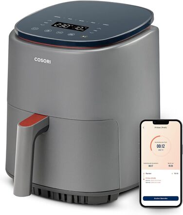 Аерофритюрниця COSORI Lite 3.8 л, 7 багатофункціональних, MAX 230 C, підключення до Wi-Fi, мультипіч XL, маленька фритюрниця, 100 рецептів PDF, 1500 Вт для посудомийної машини, сіро-сірий 3,8 л