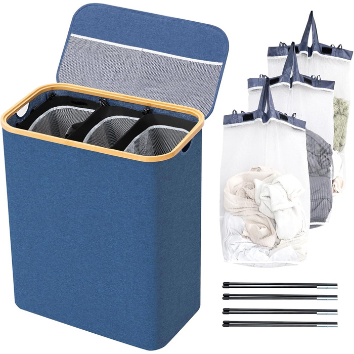 Кошик для білизни BRIAN & DANY з 3 відділеннями та кришкою, 145л, чорний/синій