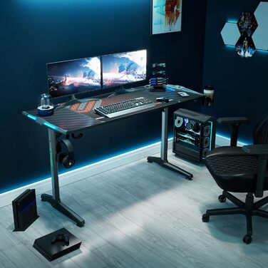 Ігровий стіл EUREKA ERGONOMIC з LED, 140x60 см. Стіл для геймерів з підсвіткою, органайзером для кабелів, тримачем для напоїв та навушників, чорний, X-Large