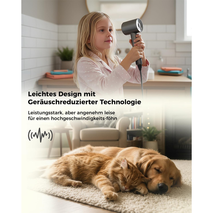 Фен для волосся з дифузором та 5 насадками для стайлінгу, іонізація, безщітковий мотор 1600 Вт, низький рівень шуму, сірий