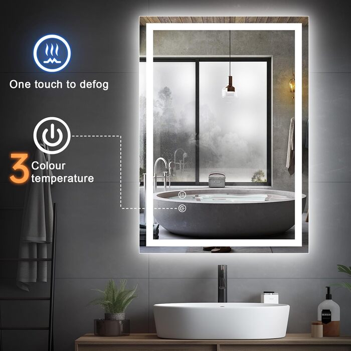 Дзеркало для ванної кімнати Youyijia з підсвічуванням, 70x50 см, антизапітніюче, сенсорне керування, 3 кольори світла, регулювання яскравості